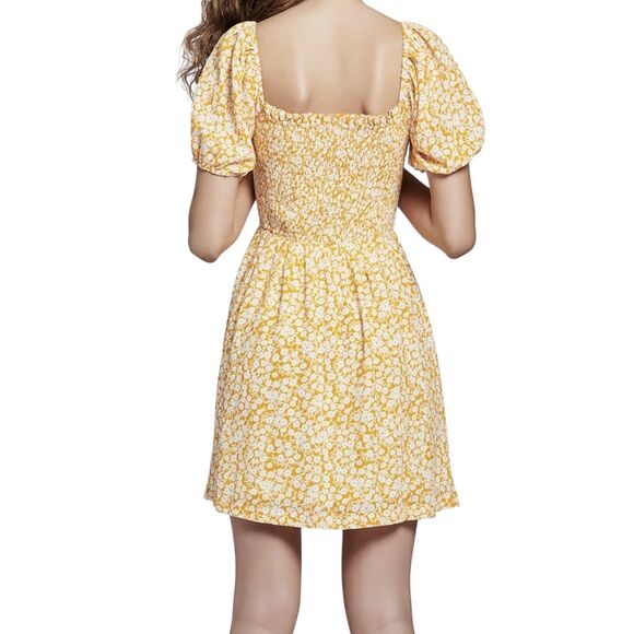 Lost‎ + Wander Yellow Ditsy Floral Smocked Cottagecore Boho Rayon Mini Dress S - Picture 2 of 12